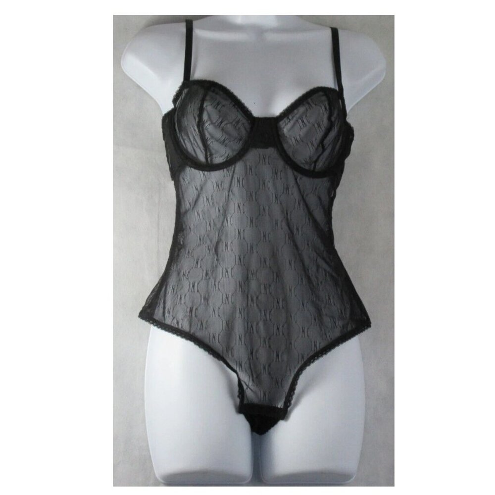 INC Women's Monogram Logo Mesh Thong Bodysuit, Black
